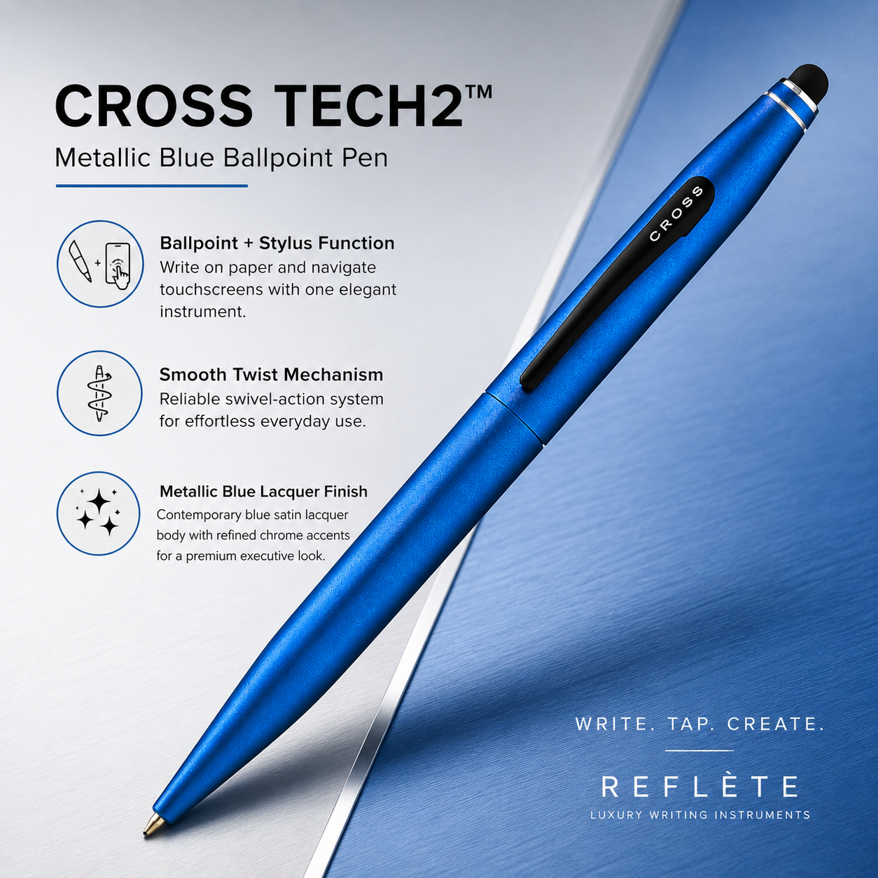 Cross Tech Blu Ballpoint Pen AT0652-6 – Blue Lacquer with Chrome Trim