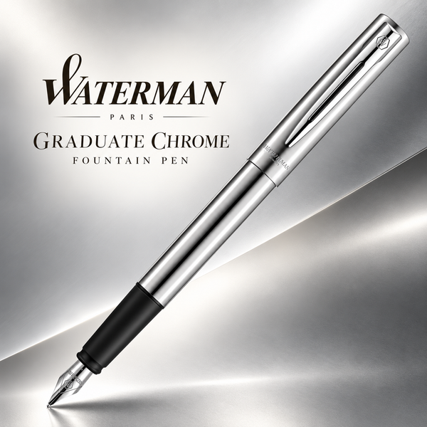 Waterman Graduate Chrome Fountain Pen – Fine Nib, Blue Ink
