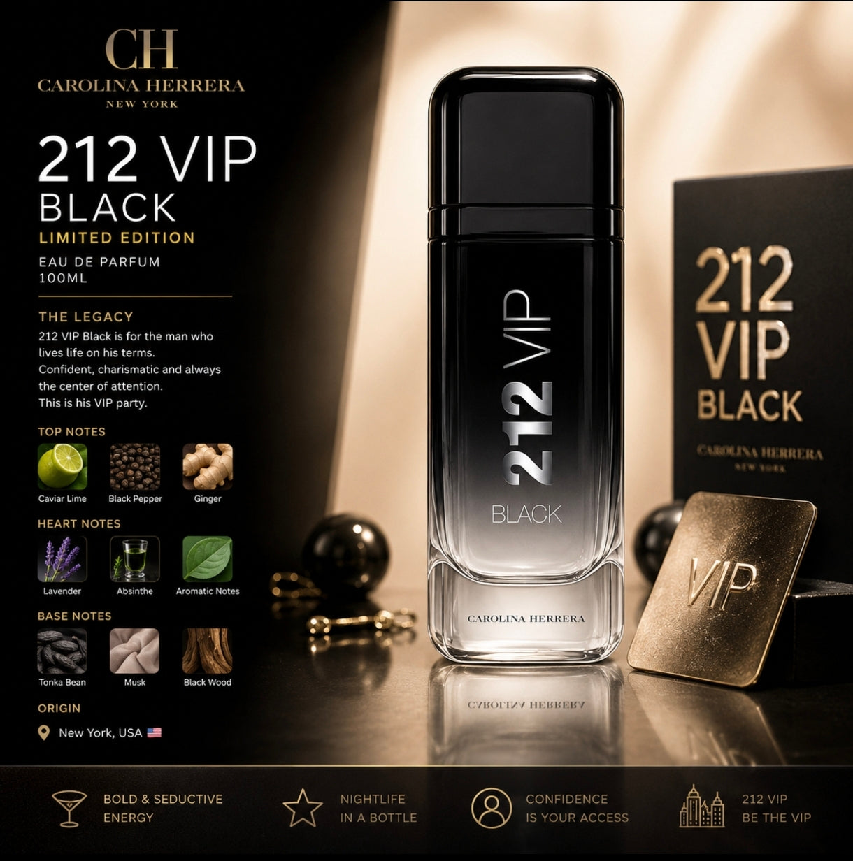 Carolina Herrera 212 VIP Black Men Limited Edition EDP – 100ml | Oriental Woody Fragrance