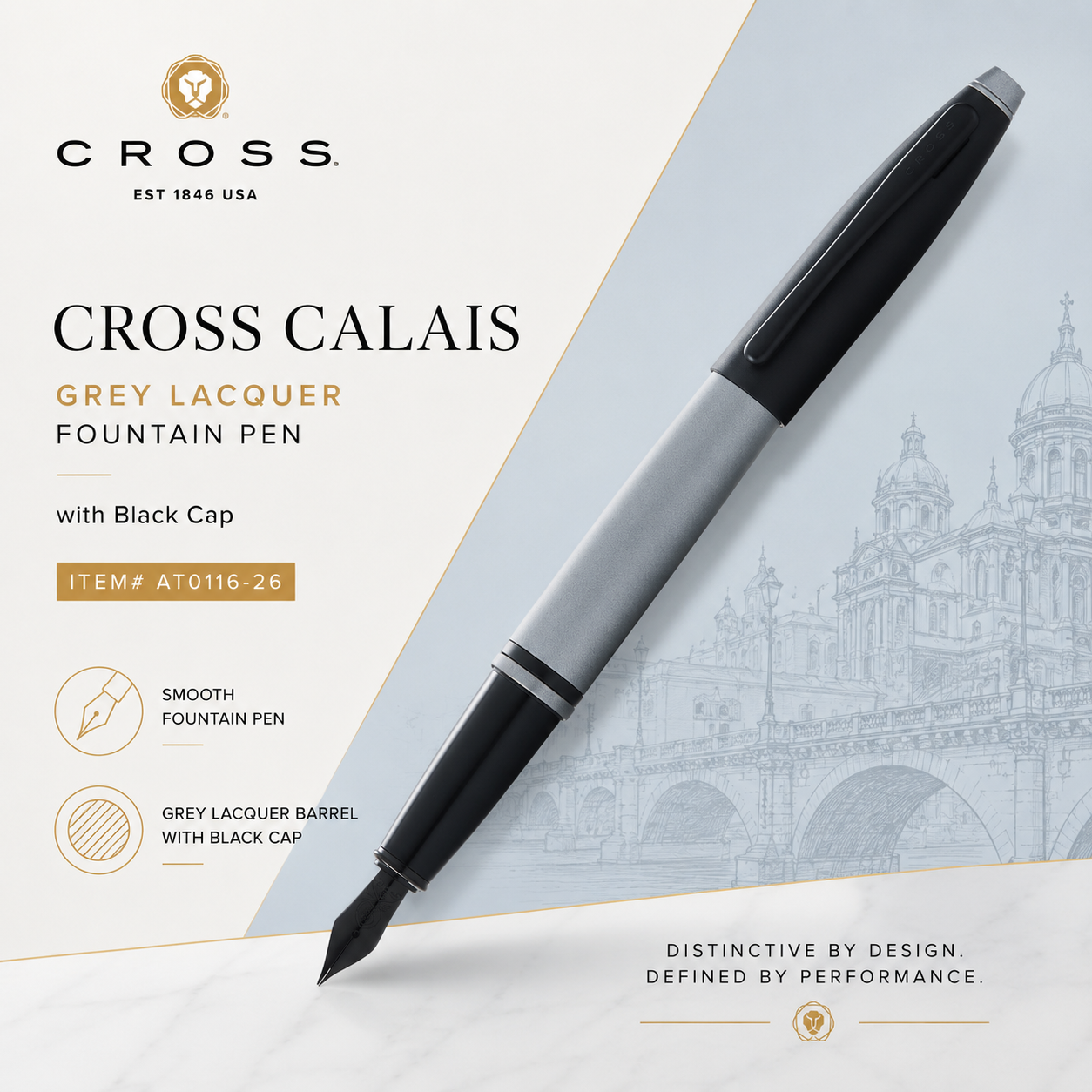 Cross Calais Grey Lacquer Fountain Pen with Black Cap – AT0116-26