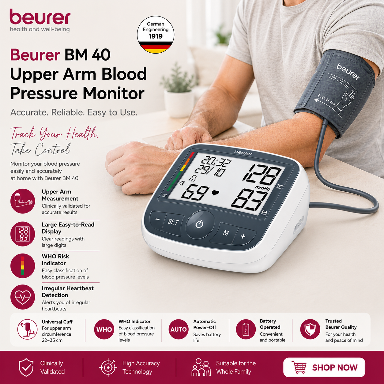 Beurer BM 40 upper arm blood pressure monitor with cuff, white digital BP device