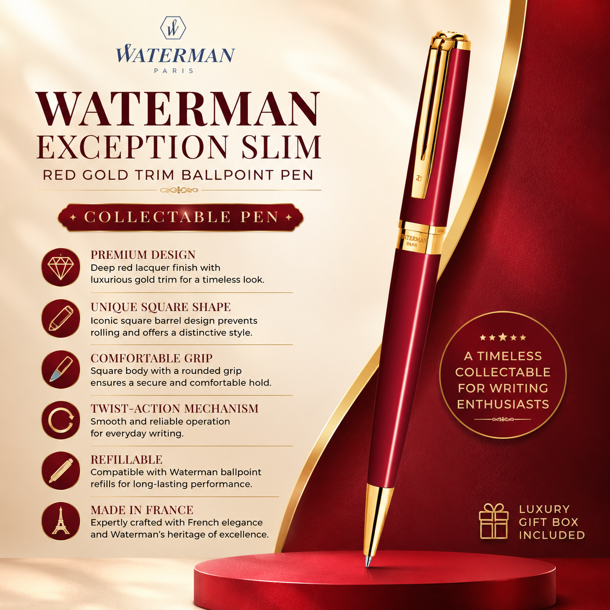 Waterman Exception Slim Ballpoint Pen – Red & Gold Trim | Refurbished