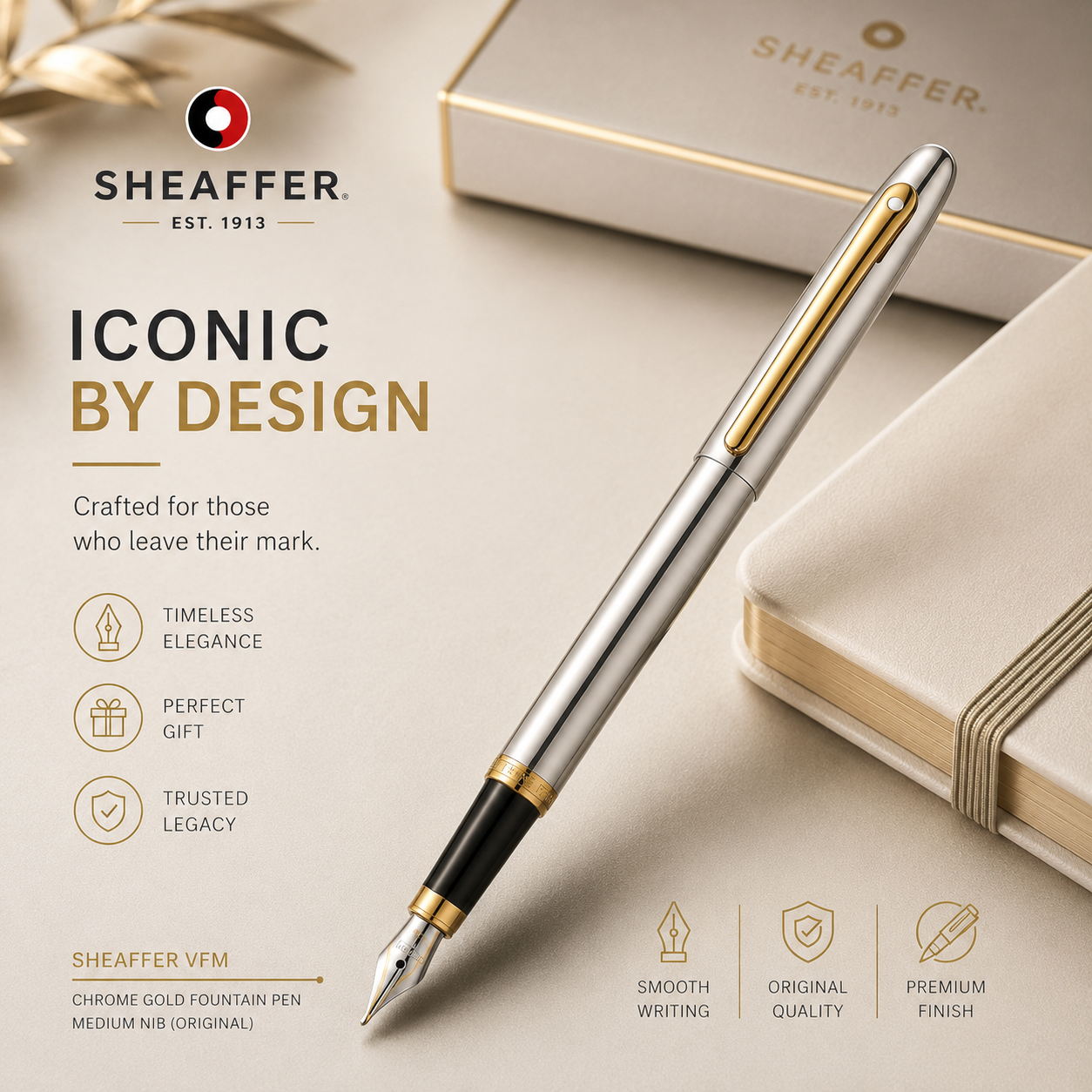 Sheaffer VFM Chrome Gold Fountain Pen – Medium Nib