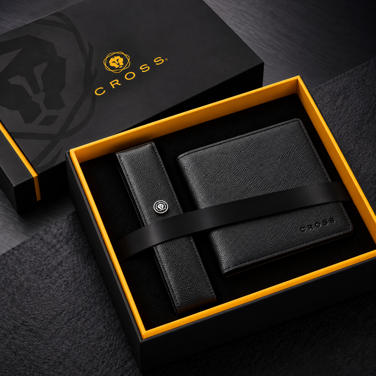CROSS 2-Piece Gift Set – Leather Single Pen Case with Flap & Saffiano Leather 8CC Slim Bifold Wallet – Black
