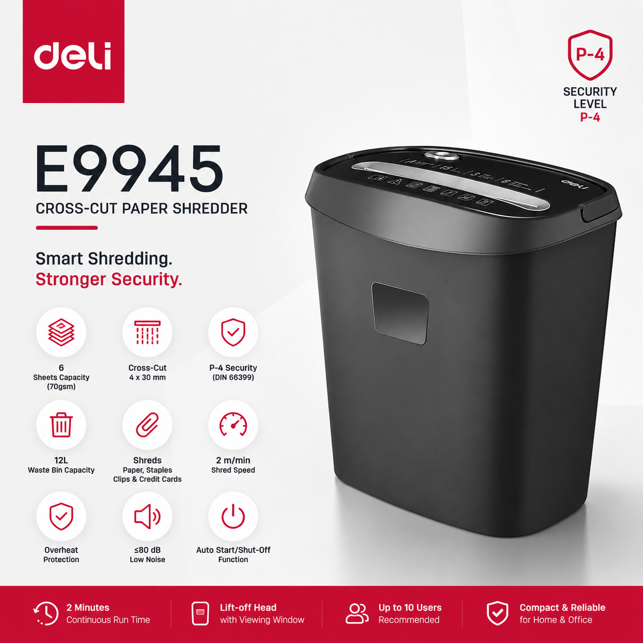 Deli E9945 Cross-Cut Paper Shredder – 6 Sheets | P-4 Security | 12L Bin