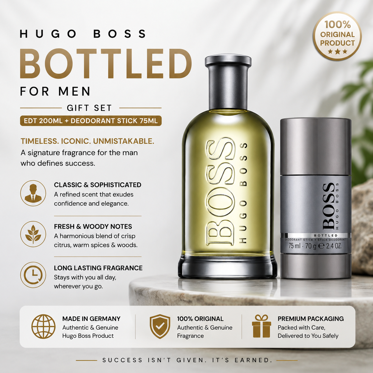 Hugo Boss Bottled for Men Gift Set | EDT 200ml + Deodorant Stick 75ml