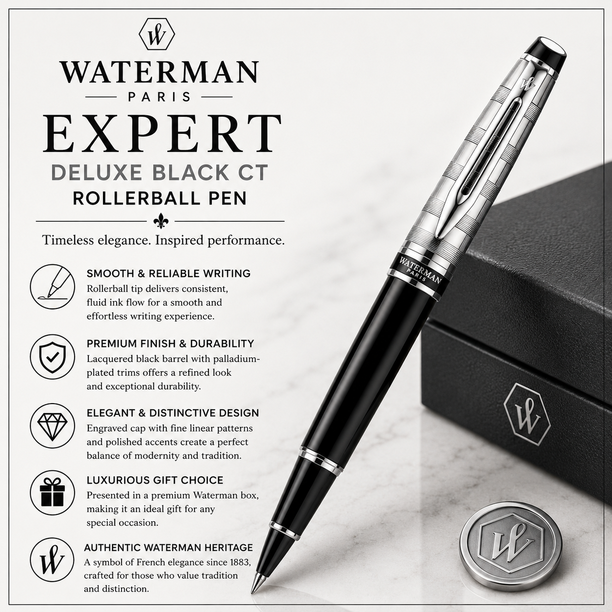 Waterman Expert Deluxe Black CT Rollerball Pen – Premium Writing Instrument