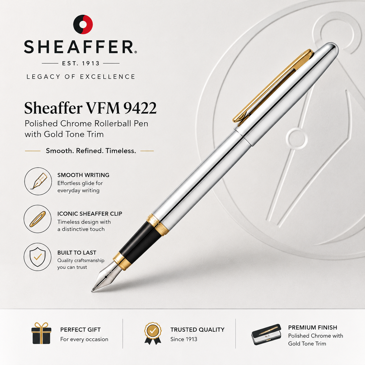 Sheaffer VFM 9422 Rollerball Pen – Polished Chrome with Gold Tone Trim