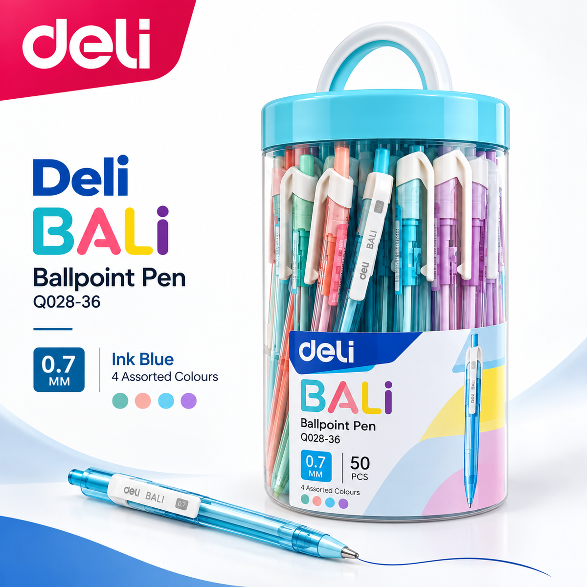 Deli Bali Q028-36 Ballpoint Pen – Blue Ink | 50-Piece Jar