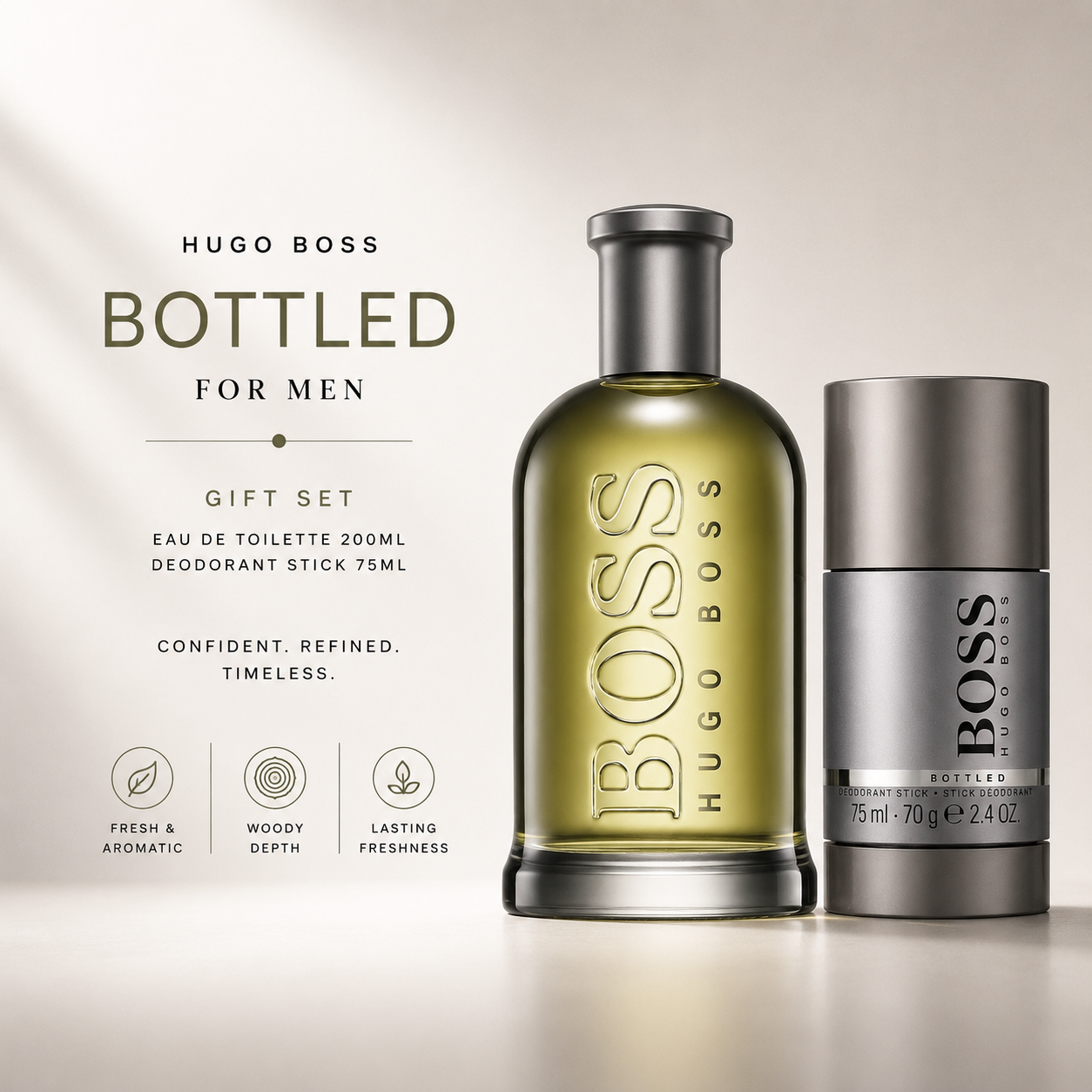 Hugo Boss Bottled men's gift set, EDT 200ml with deodorant stick 75ml