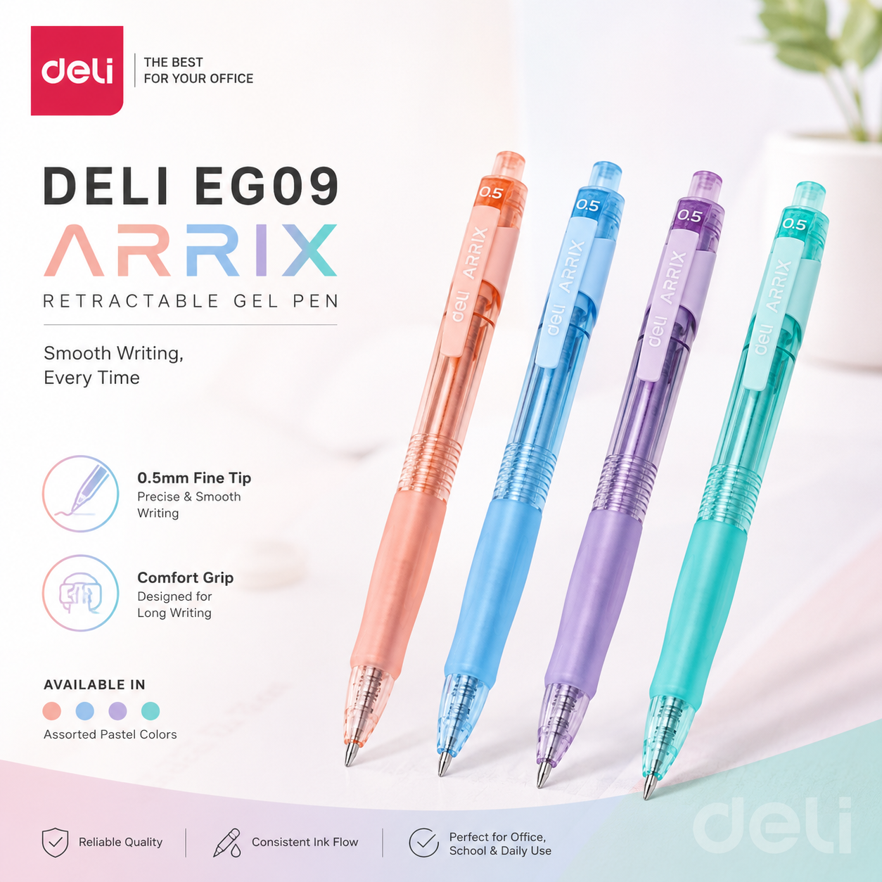 Deli EG09 Arrix Retractable Gel Pen – 0.5mm (Assorted Body Colours)