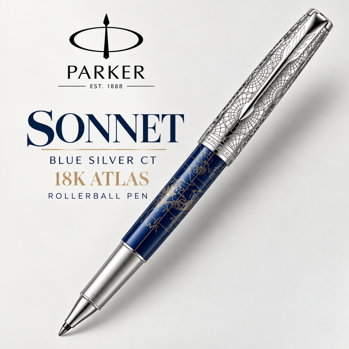 Parker Sonnet Blue Silver CT 18K Atlas Rollerball Pen