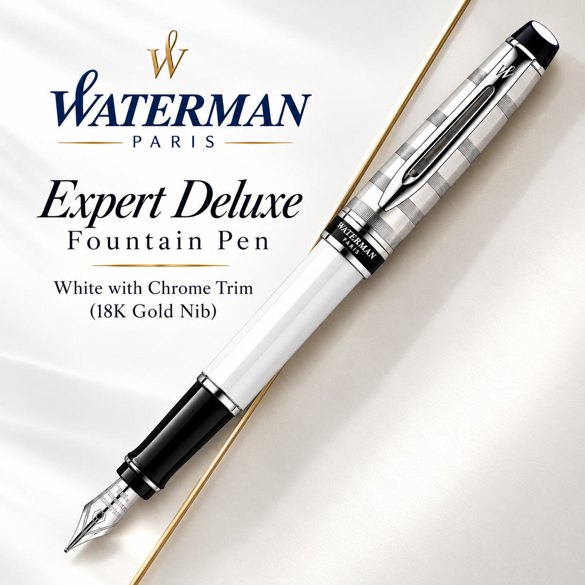 Waterman Expert Deluxe Fountain Pen – White with Chrome Trim (18K Gold Nib)
