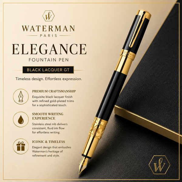 Waterman Elegance fountain pen, black lacquer with gold trim