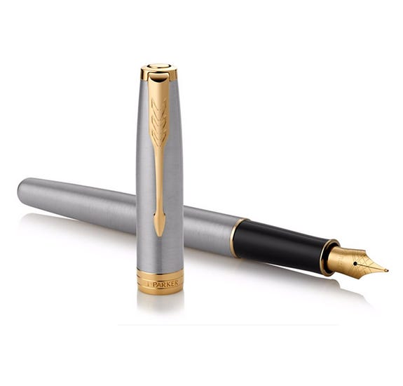 Parker Sonnet Stainless Steel GT Fountain Pen – Medium Nib & 23K Gold-Plated Trim