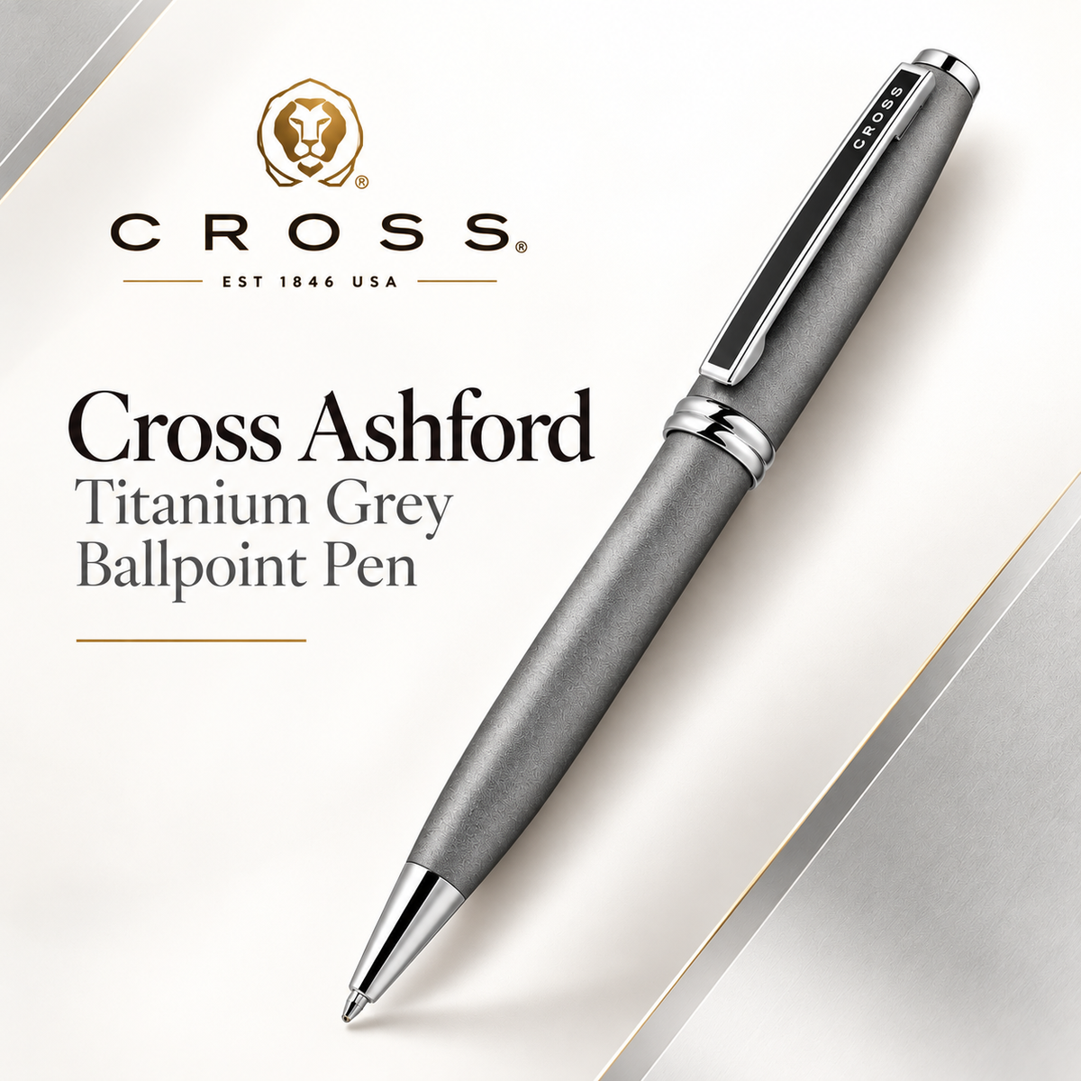 Cross Ashford Titanium Grey Ballpoint Pen – Chrome Trim (AT0782-2)