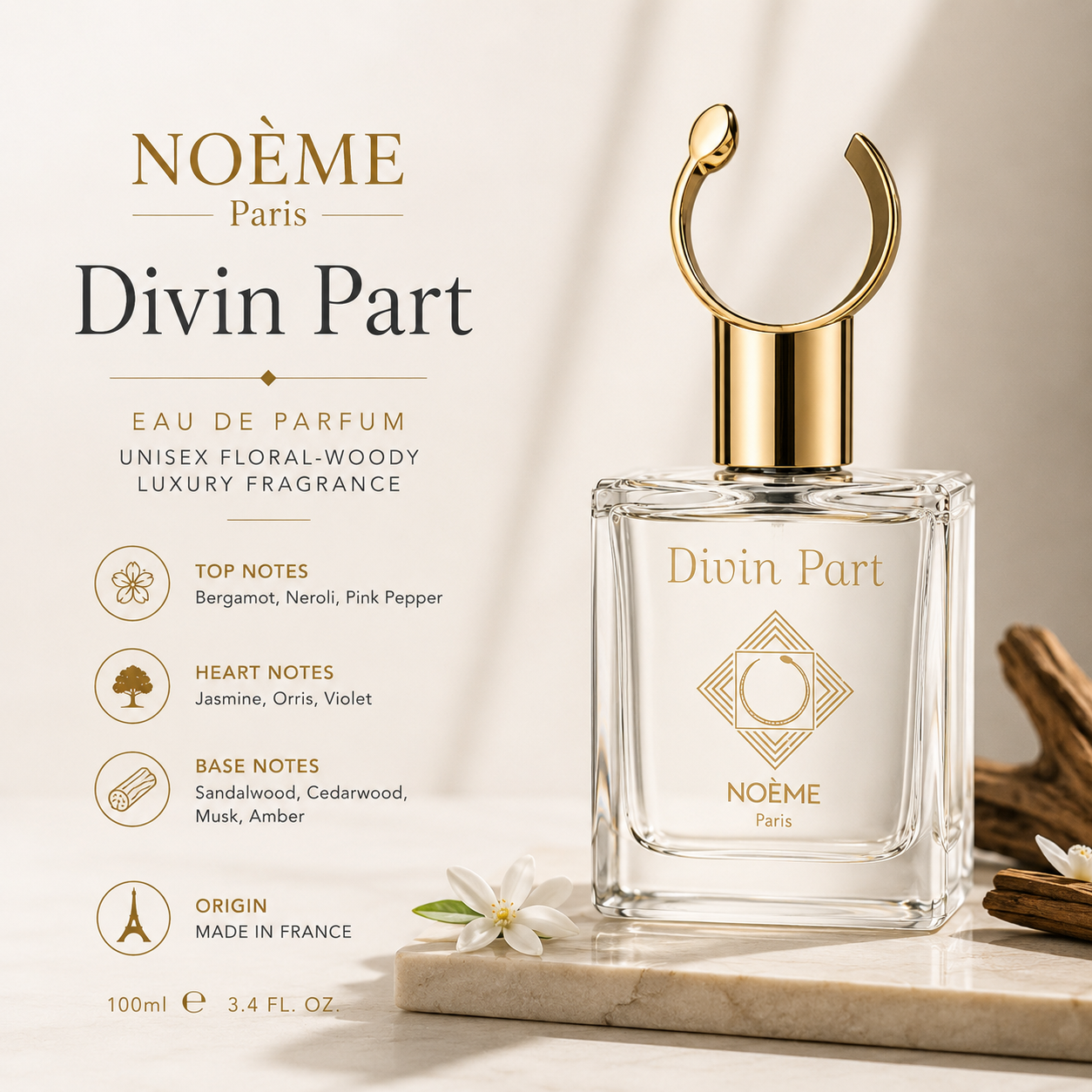 Noème Paris Divin Part – Eau de Parfum 100ml | Unisex Floral-Woody Luxury Fragrance