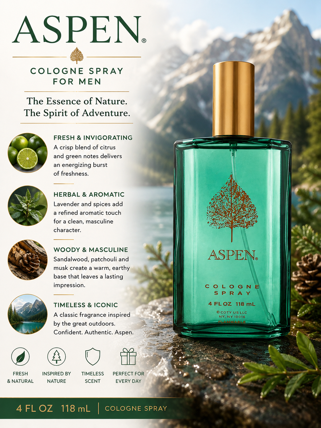 Coty Aspen Cologne Spray for Men – 118ml | Fresh Woody Fragrance