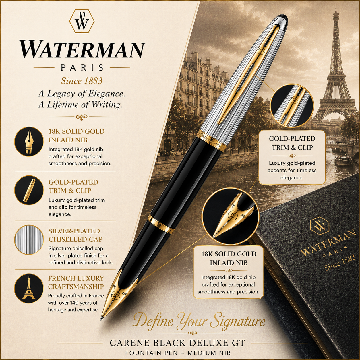 Waterman Carène Black Deluxe GT Fountain Pen | 18K Gold Nib