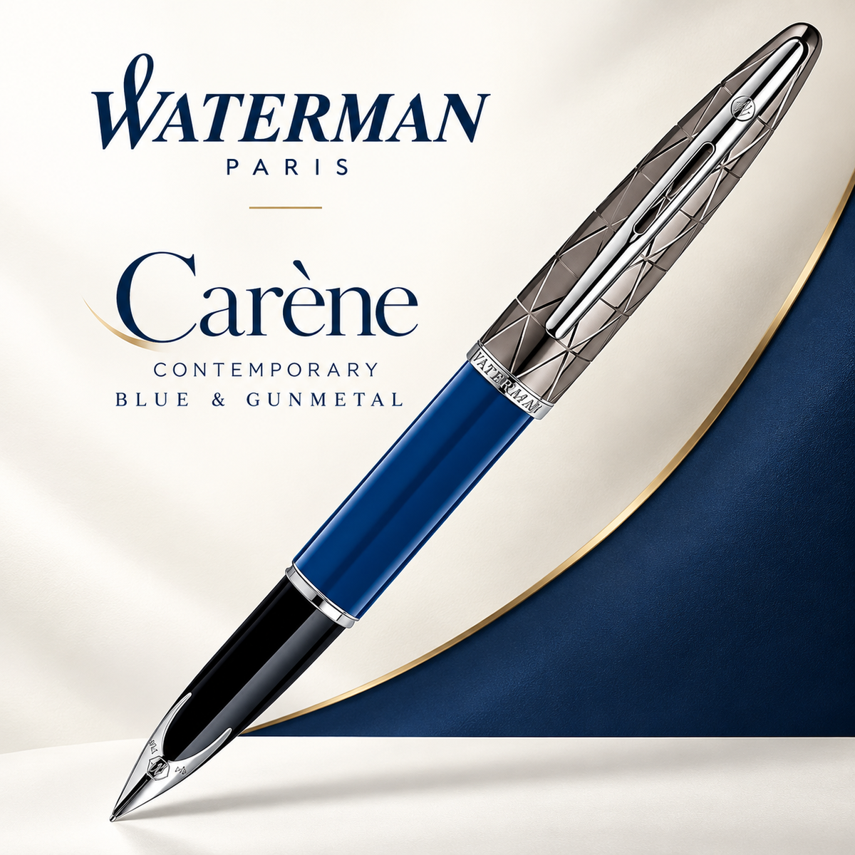 Waterman Carène Fountain Pen – Contemporary Blue & Gunmetal (18K Gold Nib)