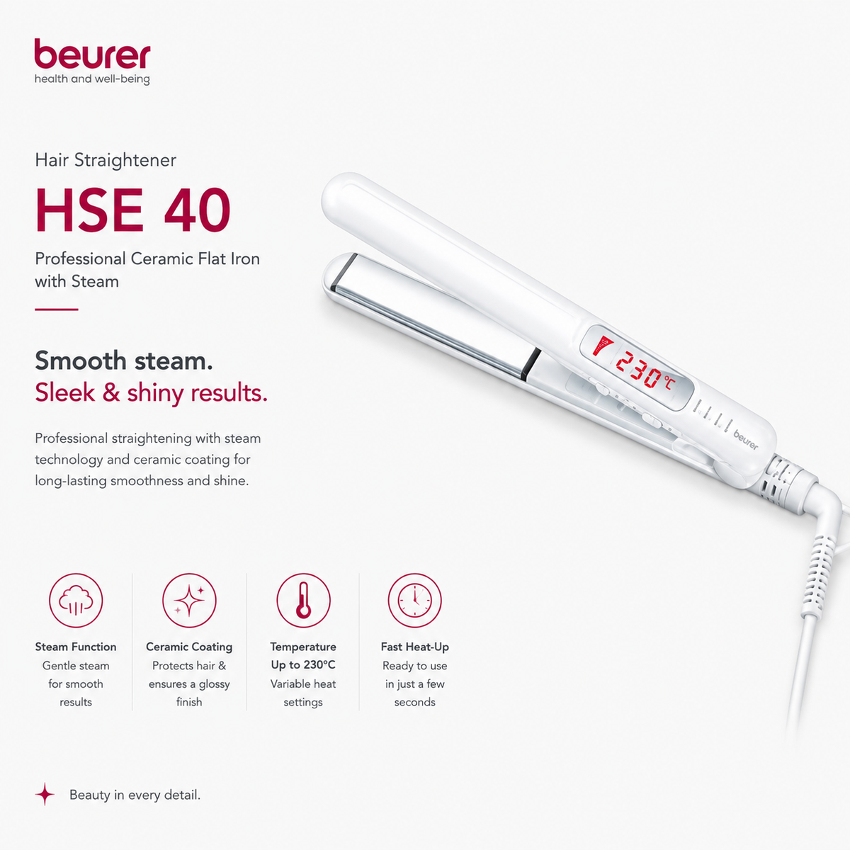 Beurer Hair Straightener HSE 40 – Professional Ceramic Flat Iron with Steam
