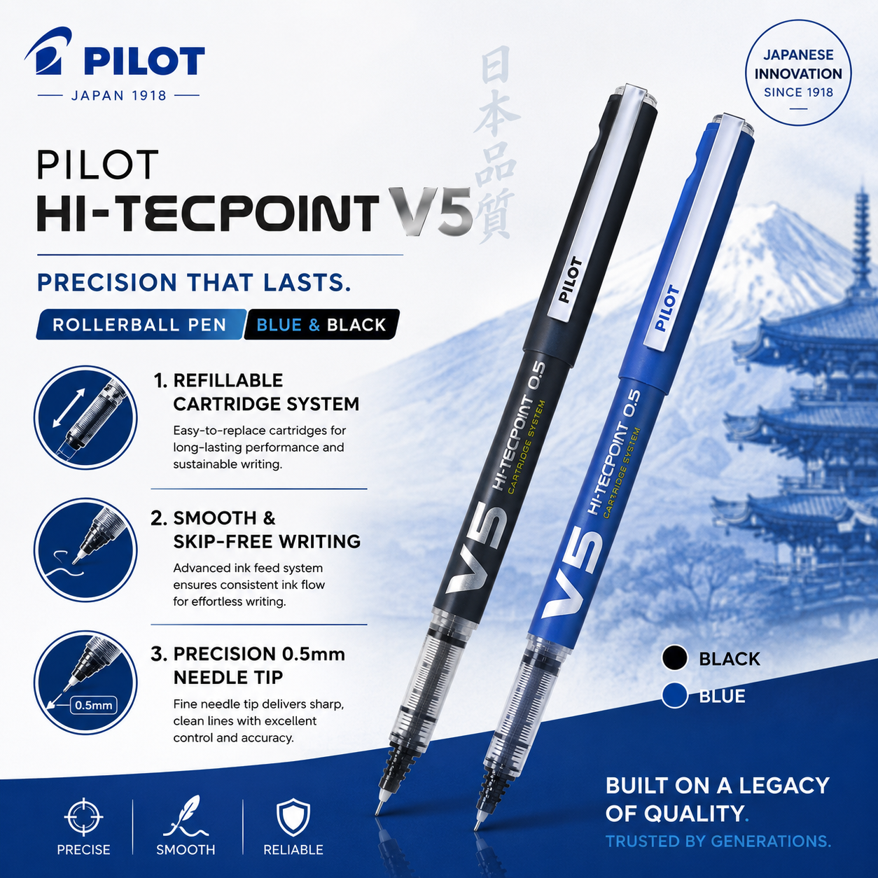 Pilot Hi-Tecpoint V5 Rollerball Pen – Blue & Black | Refillable Liquid Ink