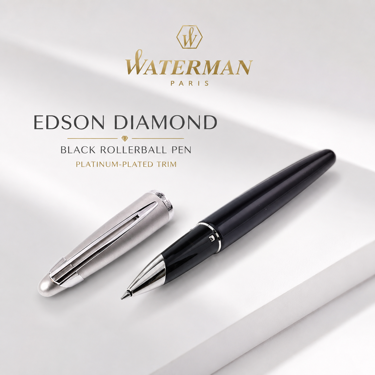Waterman Edson Diamond Black Rollerball Pen – Platinum-Plated Trim