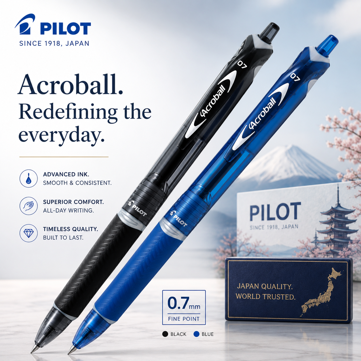 Pilot Acroball Ballpoint Pen – Blue Ink | 0.7mm | Made in Japan
