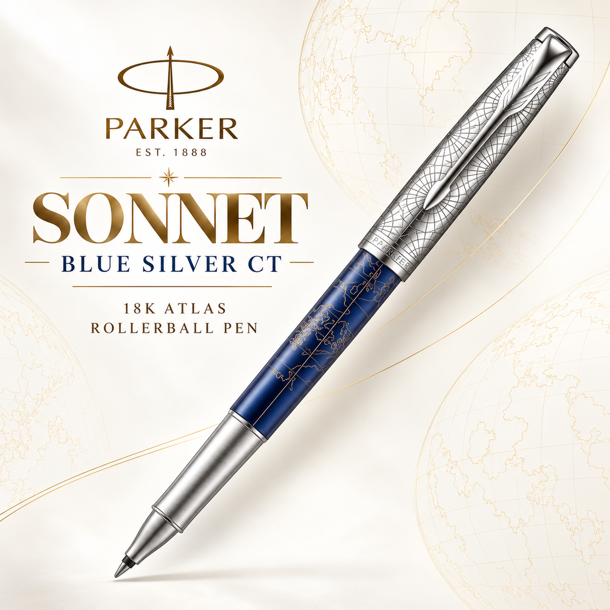 Parker Sonnet Blue Silver CT 18K Atlas Rollerball Pen