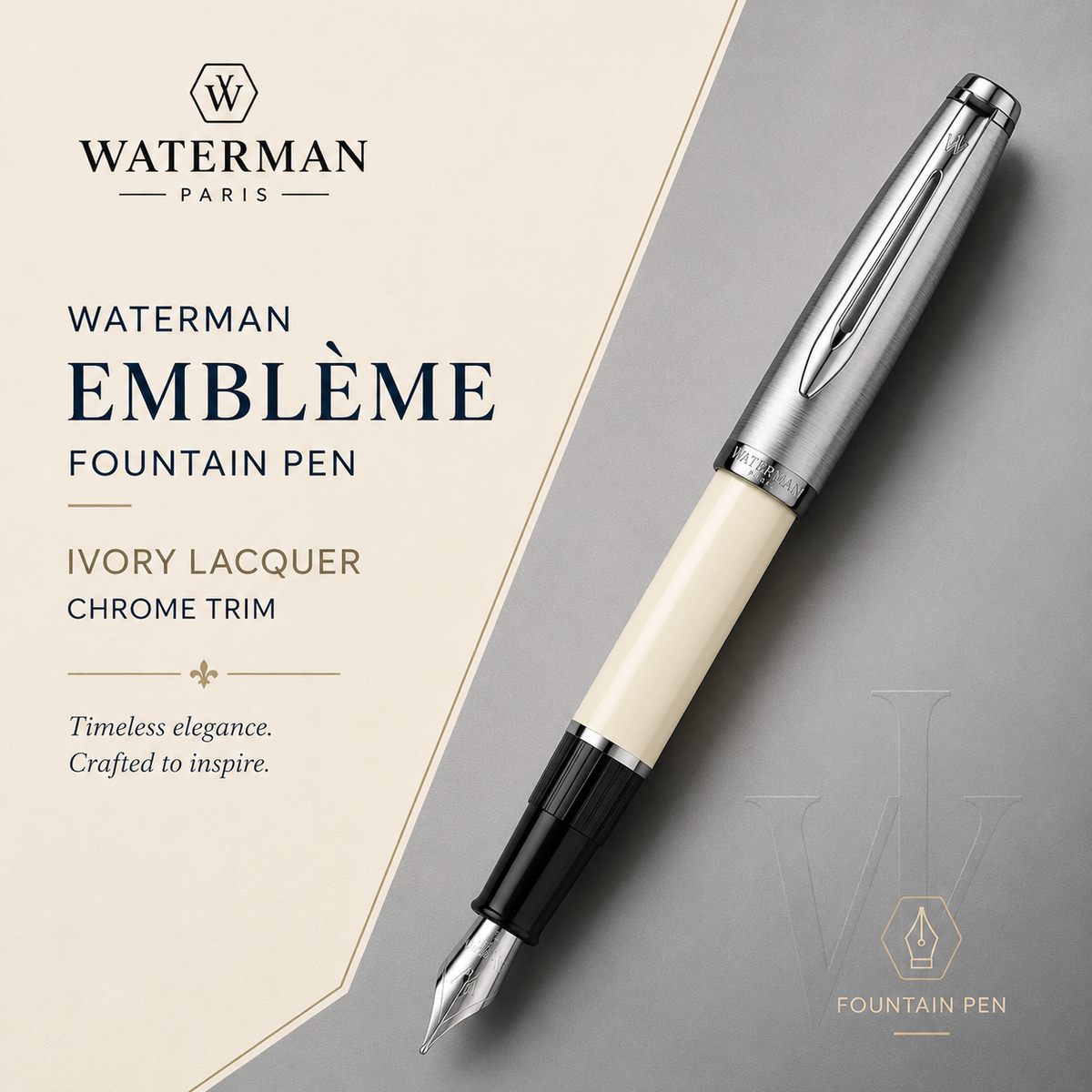 Waterman Emblème Fountain Pen – Ivory Lacquer Chrome Trim (CT)