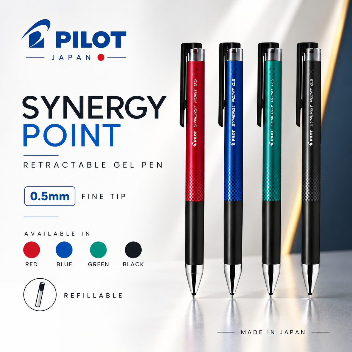 Pilot Synergy Point Retractable Gel Pen – 0.5mm | Red, Blue, Green, Black