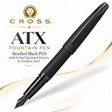 Cross ATX Brushed Black PVD Fountain Pen with Etched Diamond Pattern & Stainless Steel/Black Nib – 886-41