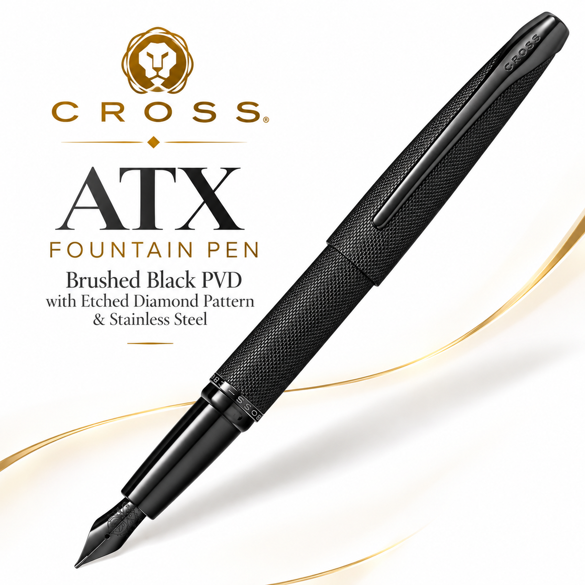 Cross ATX Brushed Black PVD Fountain Pen with Etched Diamond Pattern & Stainless Steel/Black Nib – 886-41