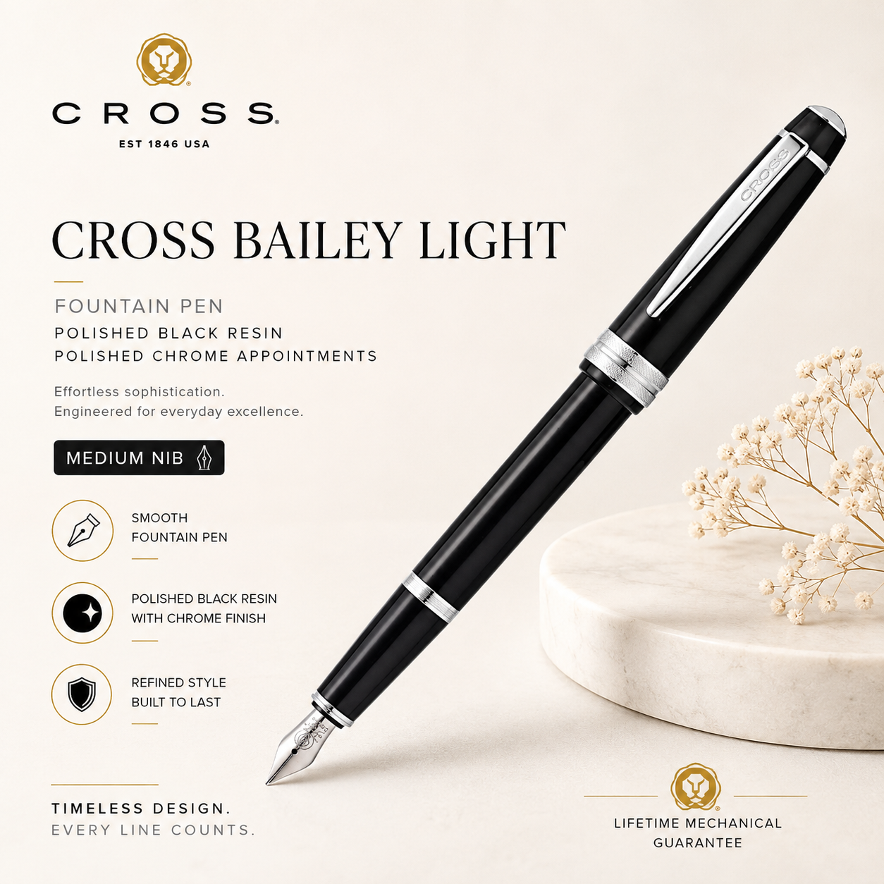 Cross Bailey Light Polished Black Resin Fountain Pen – Polished Chrome (Medium Nib)