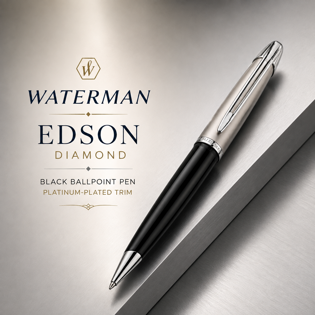 Waterman Edson Diamond Black Ballpoint Pen – Platinum-Plated Trim