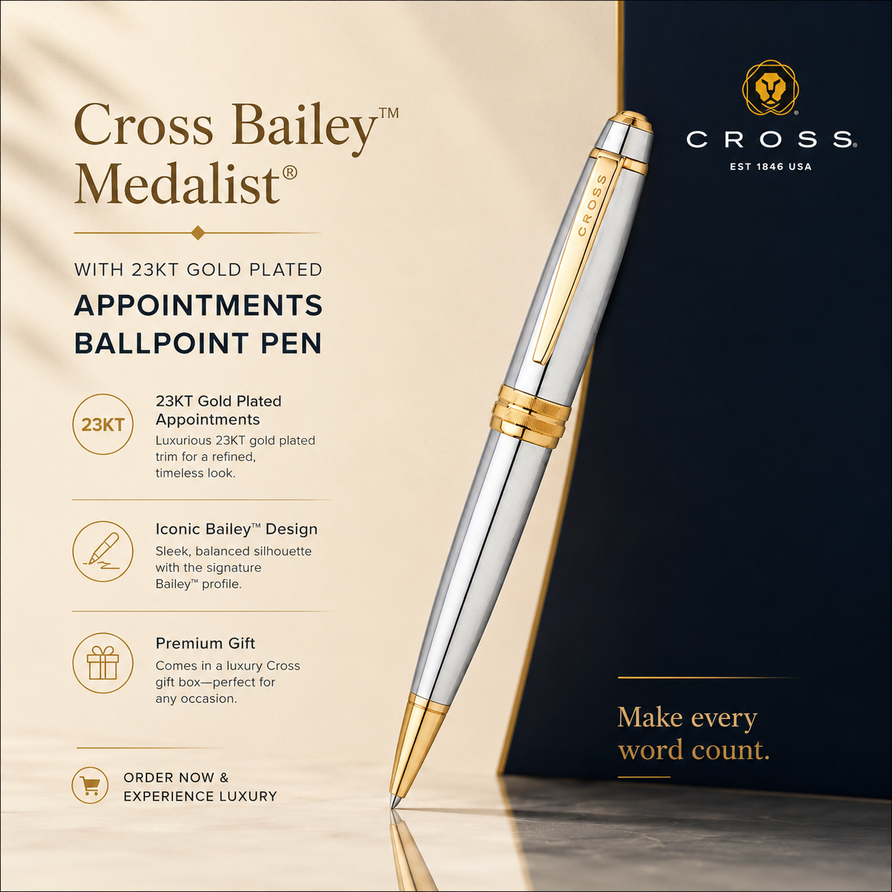 Cross Bailey Medalist Ballpoint Pen – 23KT Gold Plated