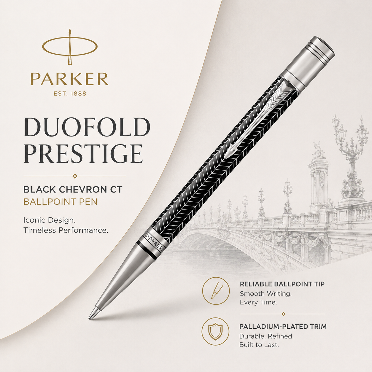 Parker Duofold Prestige Black Chevron CT Ballpoint Pen – Palladium-Plated Trim