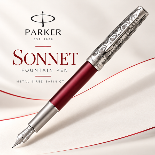 Parker Sonnet Fountain Pen – Metal & Red Satin CT (18K Gold Nib)