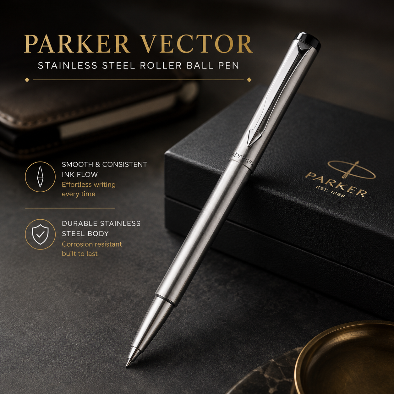 Parker Standard Stainless Steel Rollerball Pen | Smooth Liquid Ink Writing