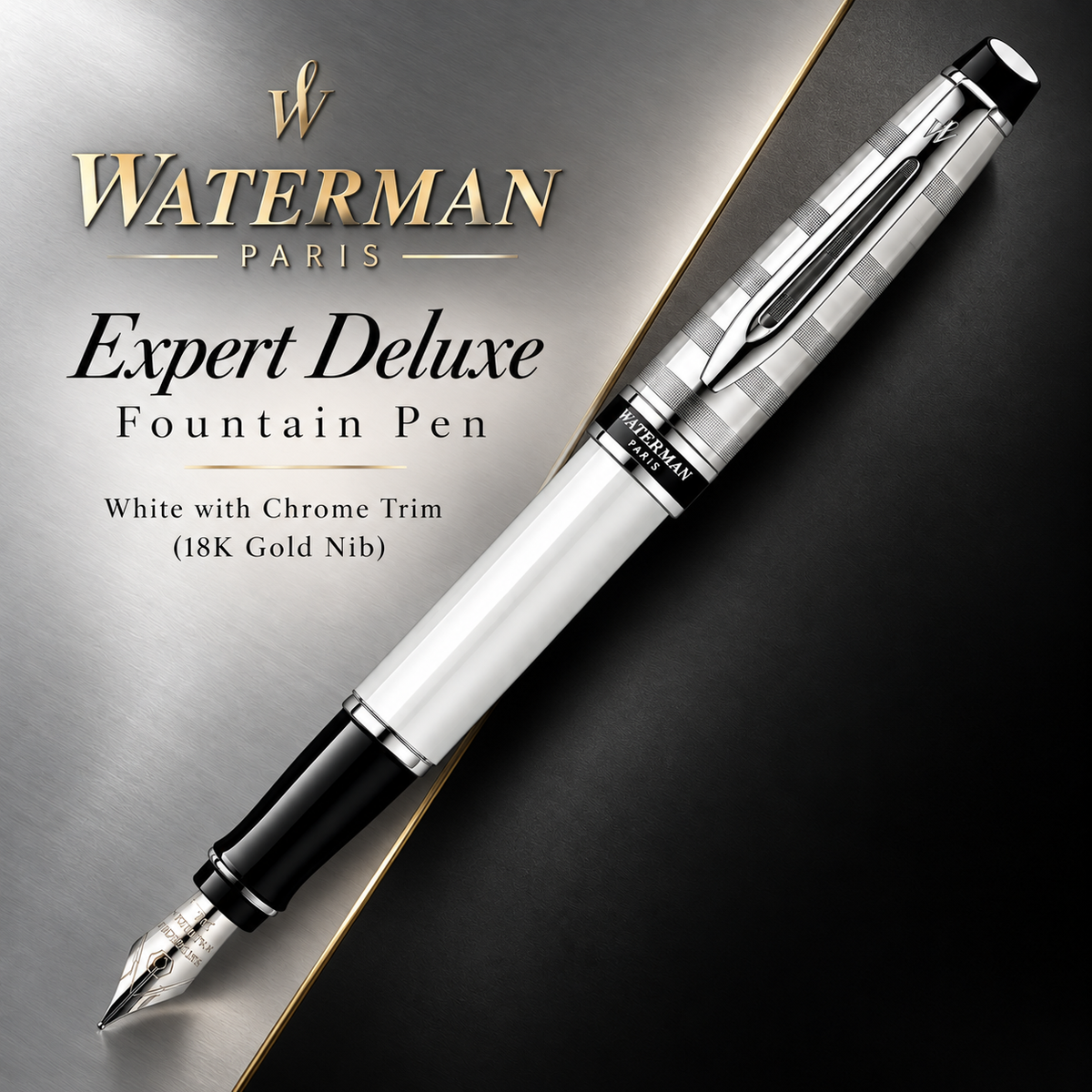 Waterman Expert Deluxe Fountain Pen – White with Chrome Trim (18K Gold Nib)