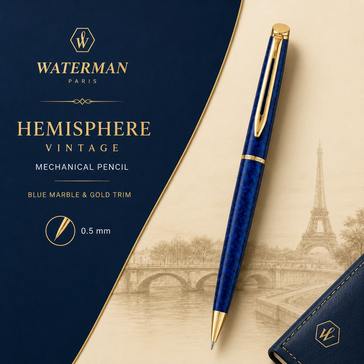 Waterman Hemisphere Vintage Mechanical Pencil – Blue Marble & Gold Trim, 0.5 mm