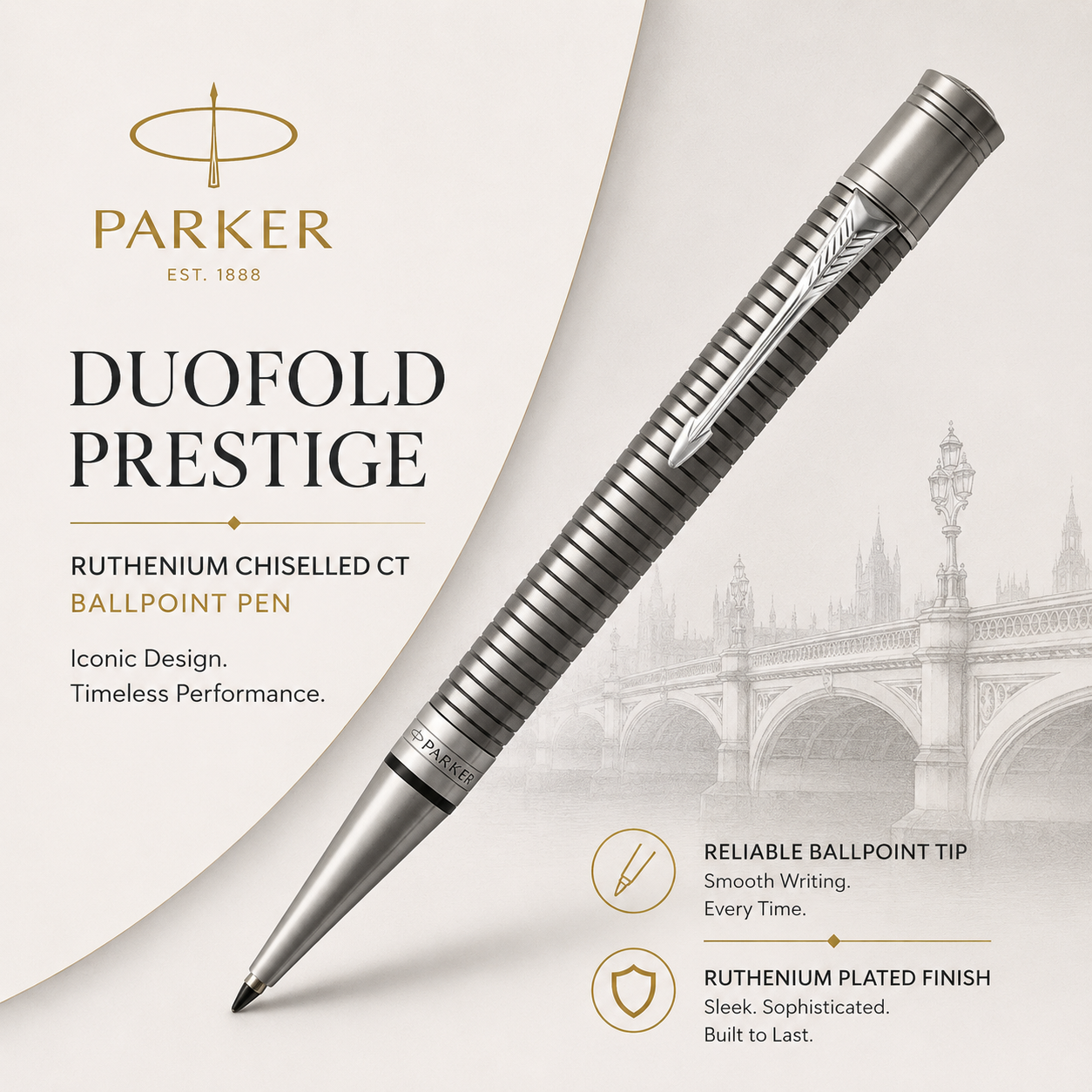 Parker Duofold Prestige Ruthenium Chiselled CT Ballpoint Pen – Ruthenium-Plated with Palladium Trim