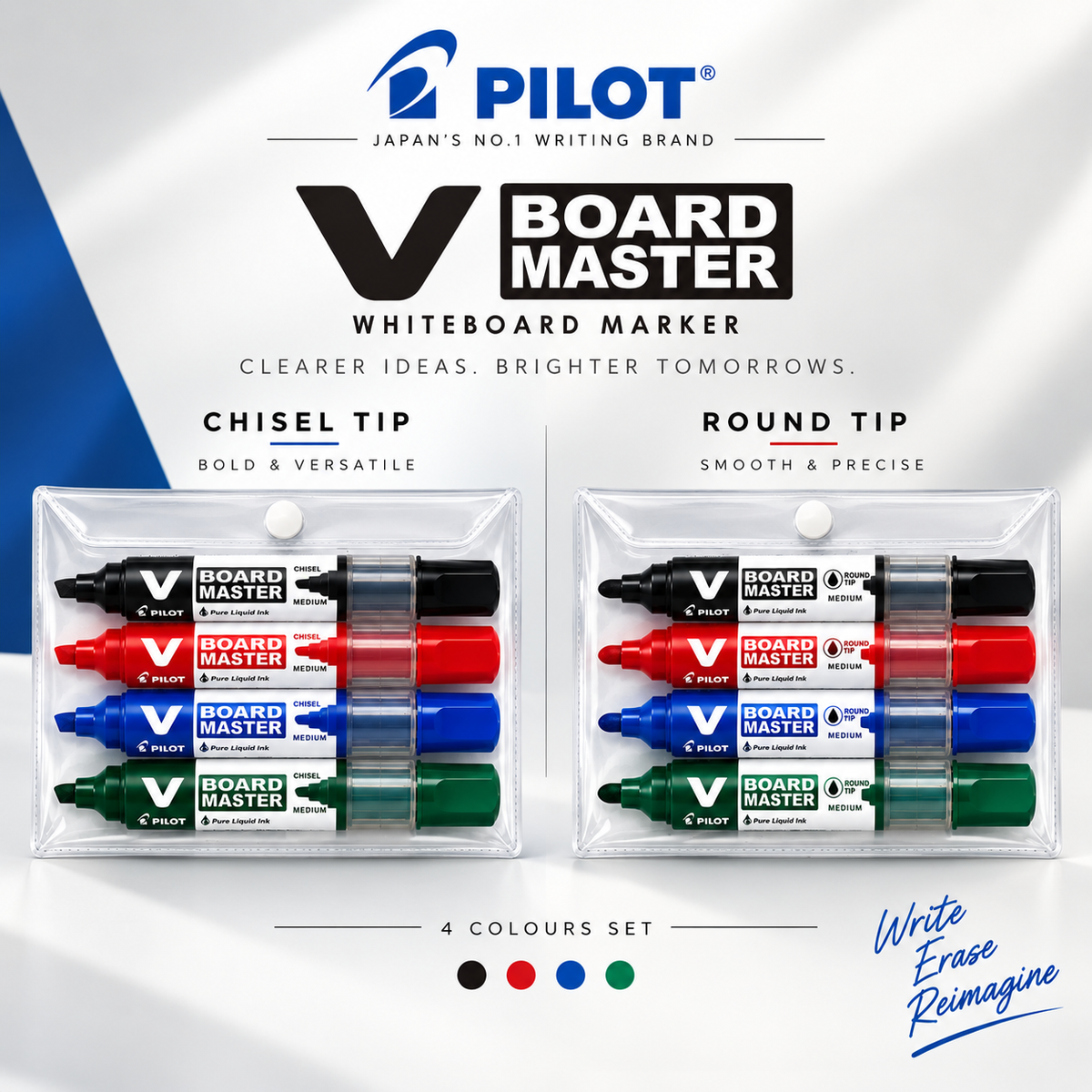 Pilot V Board Master Whiteboard Marker Set – 4 Colors (Chisel & Round Tip)