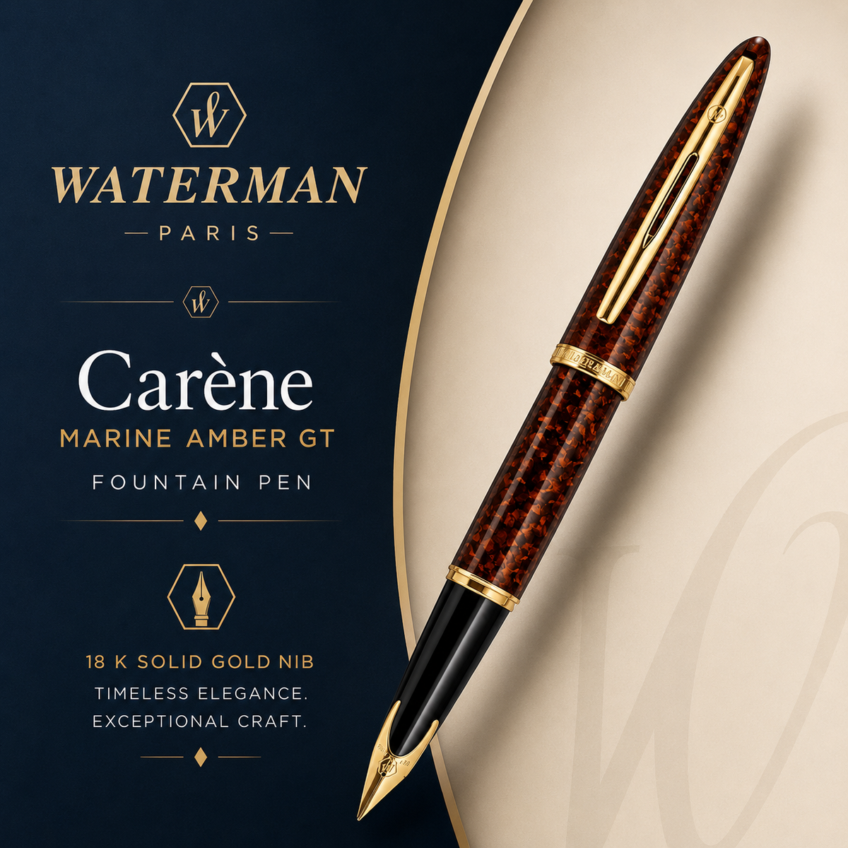 Waterman Carène Fountain Pen – Marine Amber with Gold Trim (18K Gold Nib)
