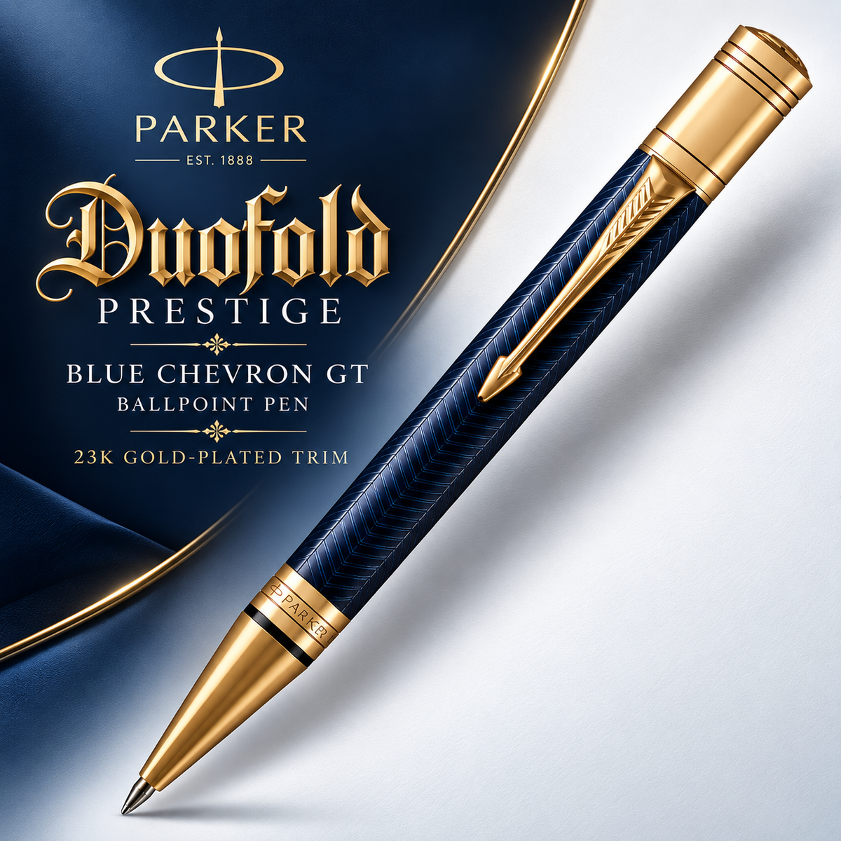 Parker Duofold Prestige Blue Chevron GT Ballpoint Pen – 23K Gold-Plated Trim