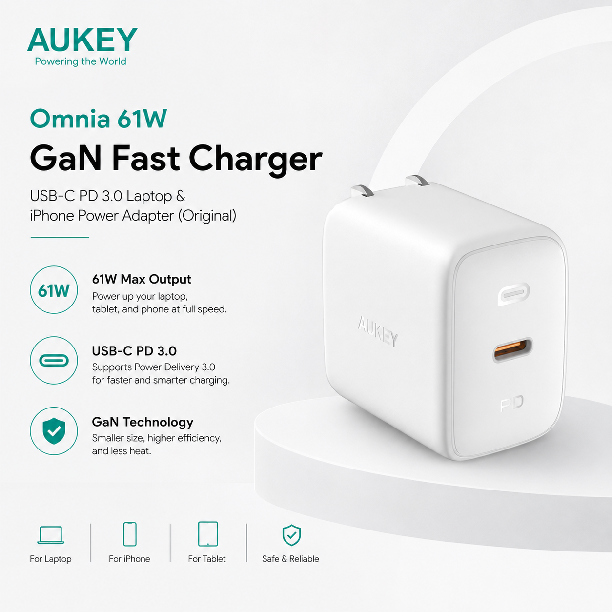 AUKEY PA-B2 Omnia 61W GaN Fast Charger – USB-C PD 3.0 Laptop & iPhone Power Adapter (Original)