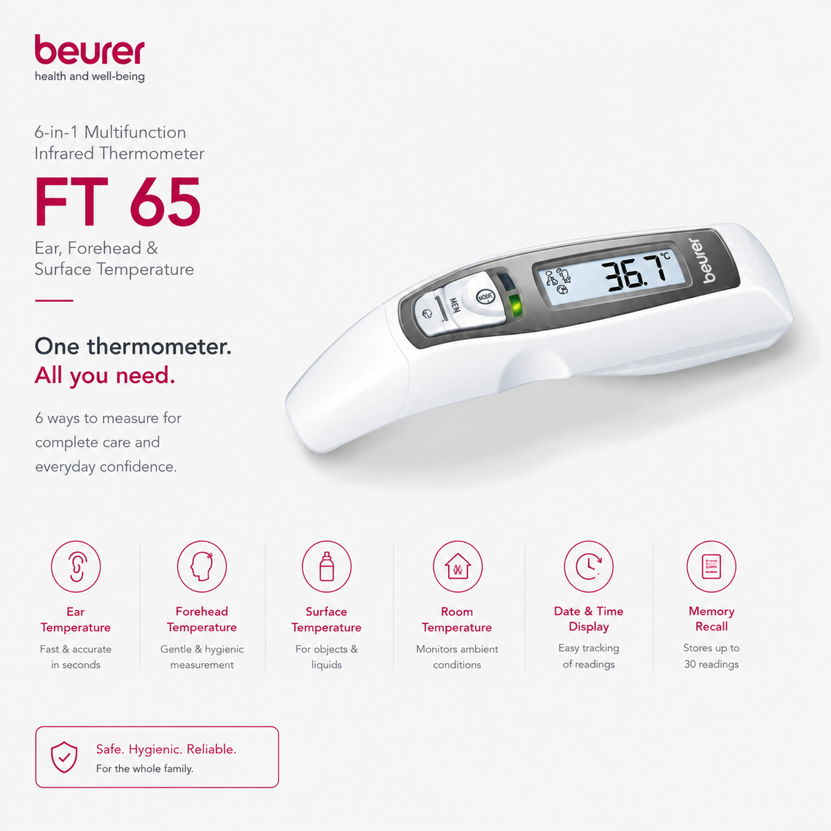 Beurer FT 65 6-in-1 Multifunction Infrared Thermometer | Ear, Forehead & Surface Temperature