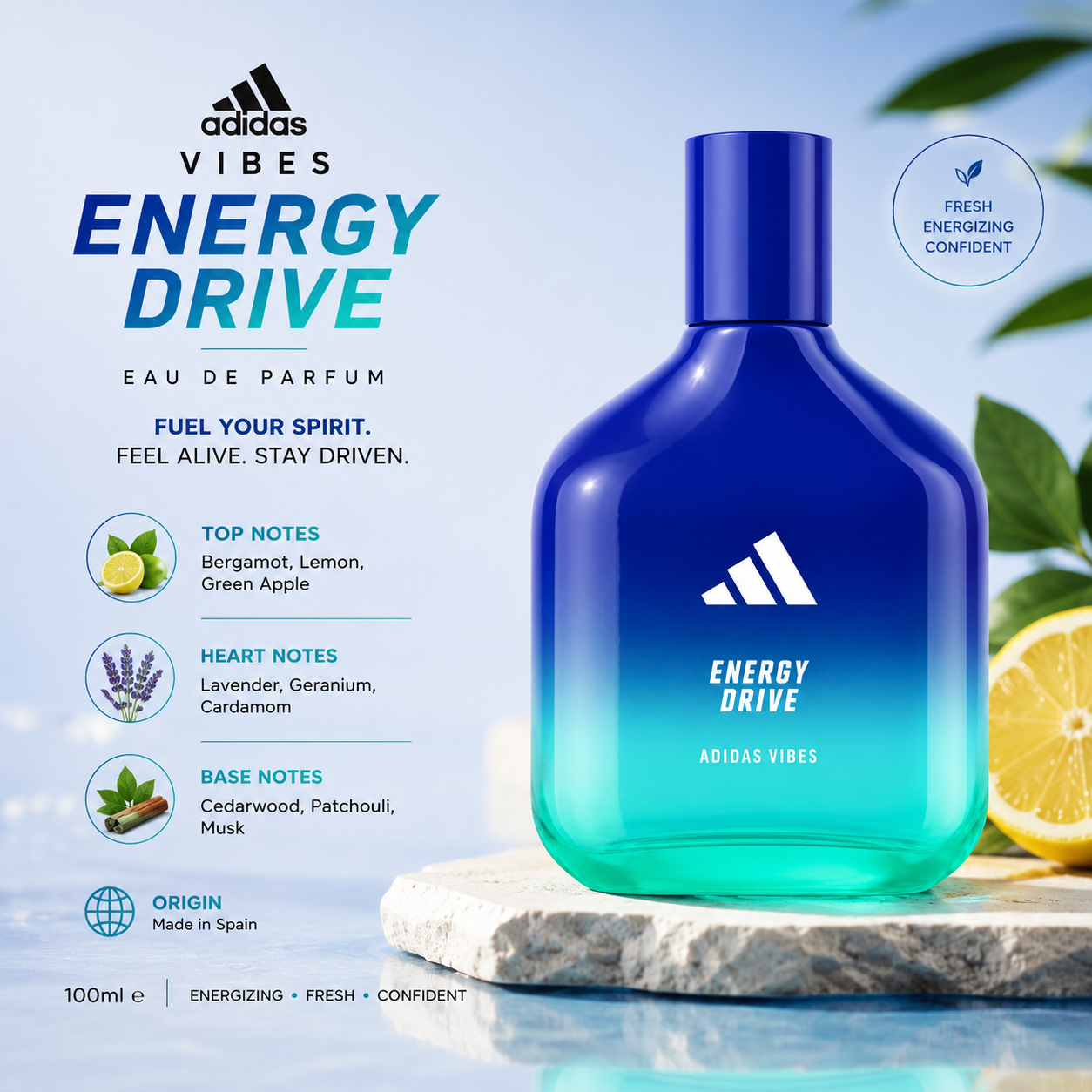 Adidas Vibes Energy Drive EDP 100ml, unisex fragrance bottle