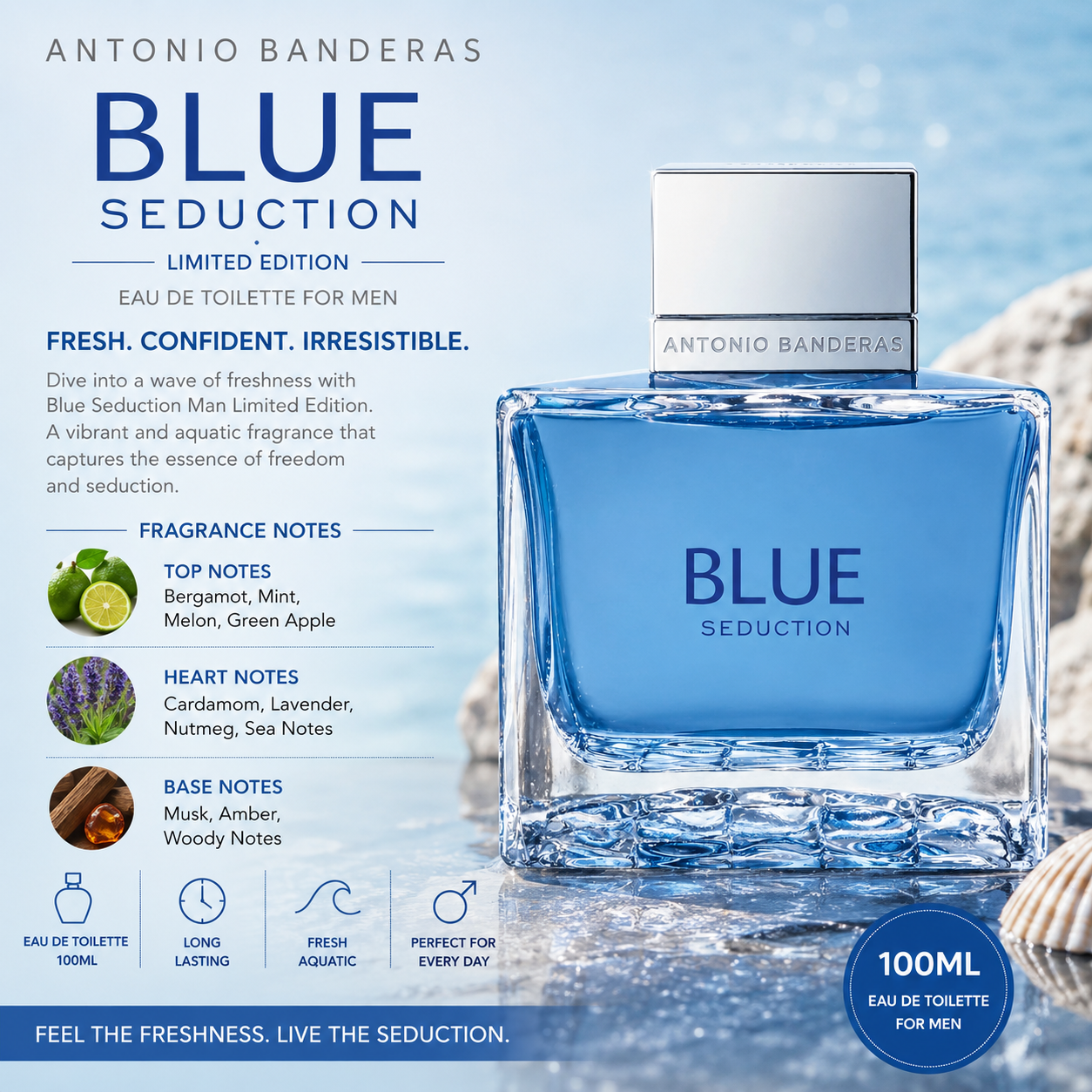 Antonio Banderas Blue Seduction Man Limited Edition EDT – 100ml | Fresh Aquatic Fragrance