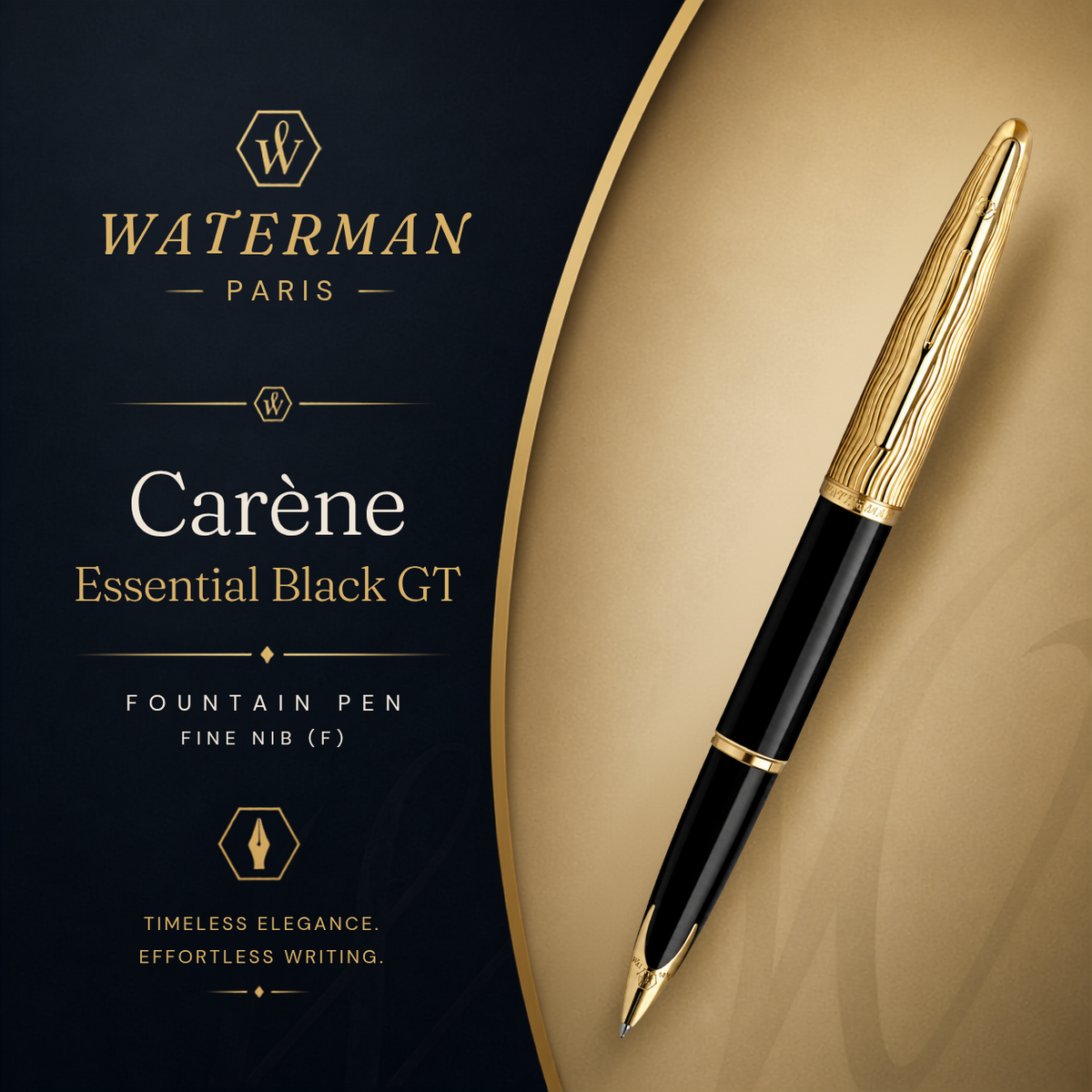 Waterman Carène Essential Fountain Pen – Black with Gold Trim (18K Gold Fine Nib)